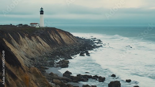 Tranquil coastal scene featuring rugged rocky cliffs, powerful waves crashing against the shore, and a lighthouse standing tall and solitary against the expansive sky photo