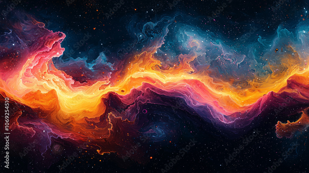celestial tapestry weaves through space, mixing fiery oranges with deep blues and purples celestial tapestry weaves through space, mixing fiery oranges with deep blues and purples