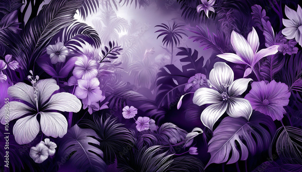 A mystical jungle scene with lush purple and white flowers, dense foliage, and a winding path, set in a foggy atmosphere for an enchanting and dreamlike ambiance A mystical jungle scene with lush purple and white flowers, dense foliage, and a winding path, set in a foggy atmosphere for an enchanting and dreamlike ambiance