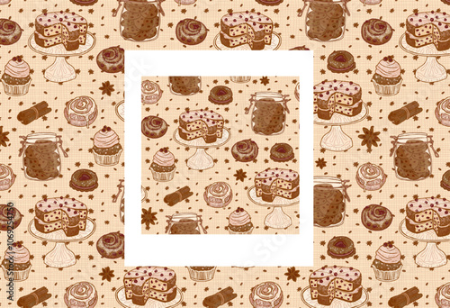 Seamless brown sweet retro pattern - cakes, pastries, muffins, cupcakes. Vintage background for cafe, pastry shop, bakery, coffee shop, desserts.