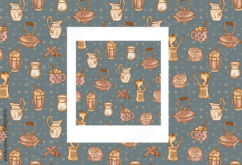 Seamless blue retro pattern - coffee with buns. Vintage background for cafe, coffee shop, food and drinks.