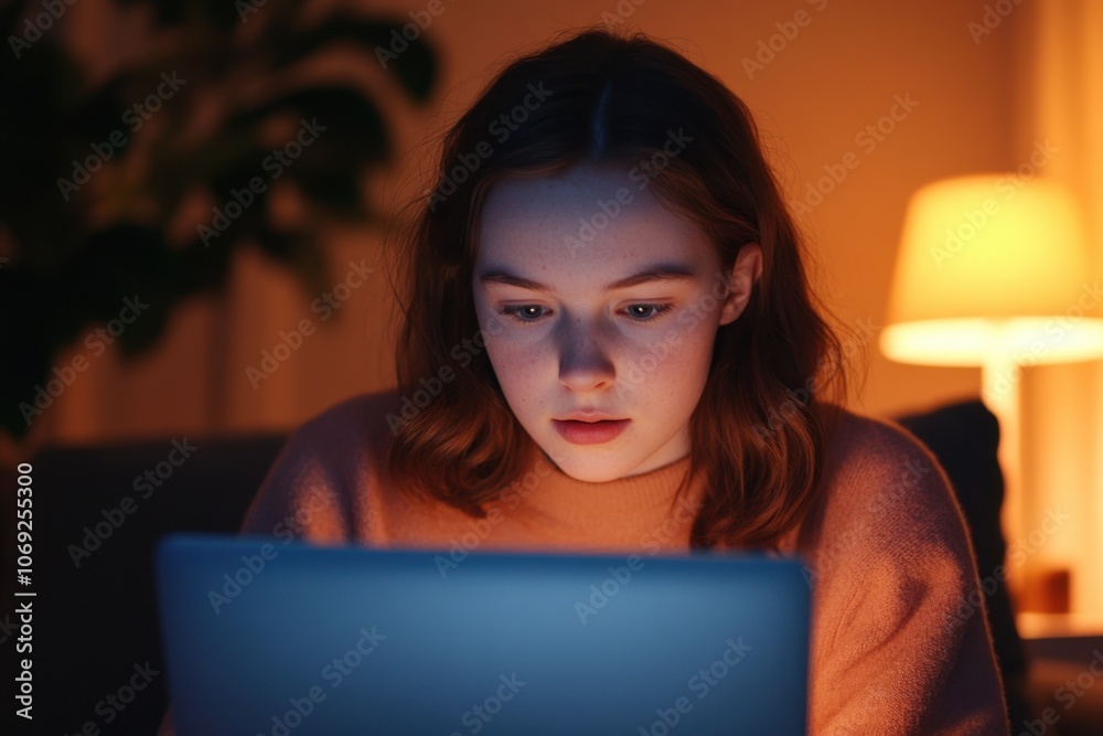 woman using laptop in dimly lit room woman using laptop in dimly lit room