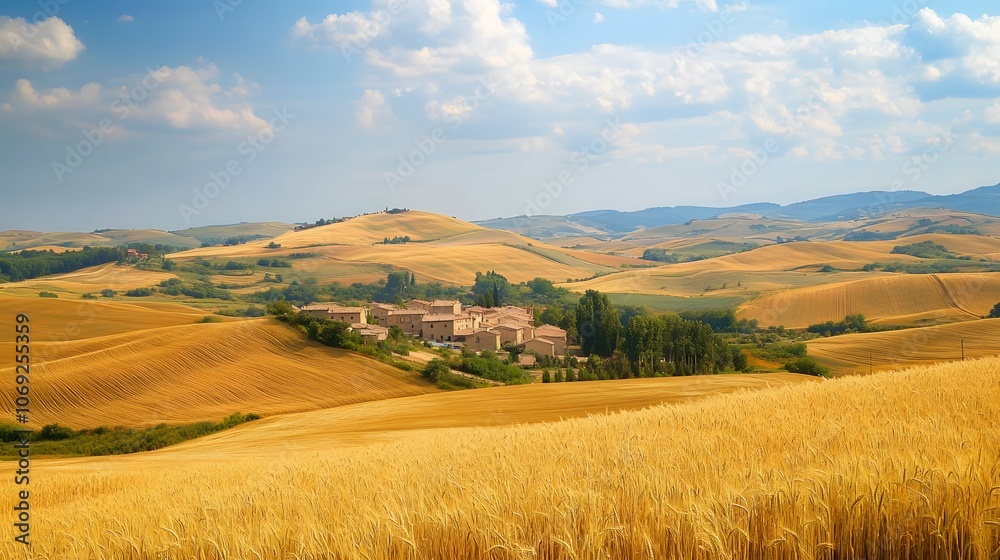 Obraz premium Tranquil countryside featuring rolling hills, a picturesque village, and expansive fields of golden wheat gently swaying in the breeze. The scene evokes a sense of peace and rural charm.