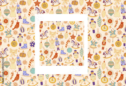 Seamless white seasonal winter pattern. Christmas toys, decorations, balls, bubbles. Retro background for gift wrapping paper.