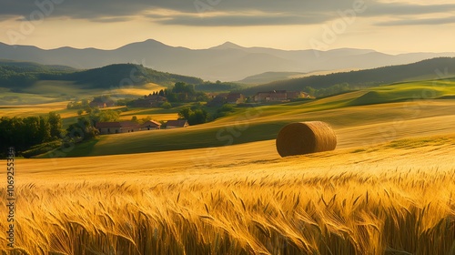 Tranquil countryside featuring rolling hills, a picturesque village, and expansive fields of golden wheat gently swaying in the breeze. The scene evokes a sense of peace and rural charm. photo