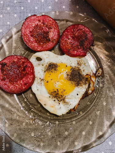 A plate of delicious food featuring eggs and tasty sausage is beautifully presented on a table, ready to be enjoyed for breakfast or any mealtime. Its a hearty dish that satisfies hunger photo