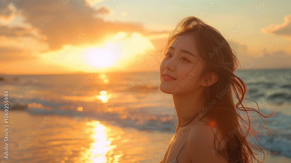 A captivating Asian woman in a sleek swimsuit, posing confidently on the sandy beach with the clear blue ocean and sky creating a picturesque backdrop A captivating Asian woman in a sleek swimsuit, posing confidently on the sandy beach with the clear blue ocean and sky creating a picturesque backdrop