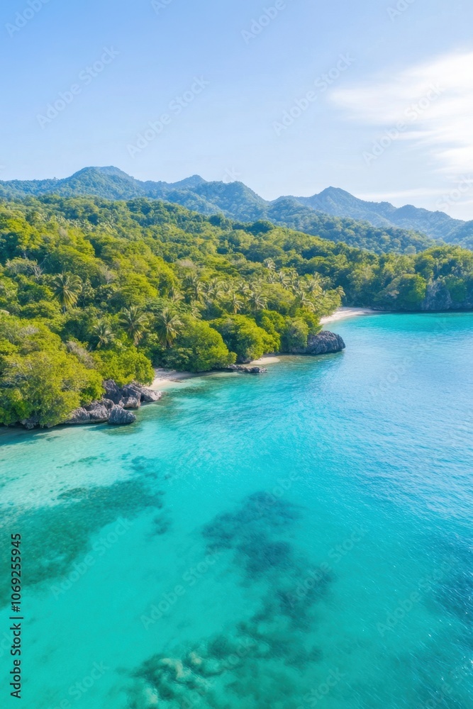 Stunning tropical beach with turquoise waters and lush green mountains Stunning tropical beach with turquoise waters and lush green mountains