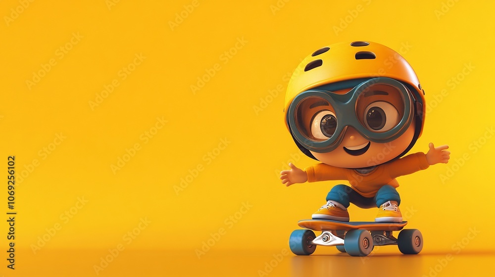A cheerful cartoon boy in a yellow helmet and goggles rides a skateboard on a yellow background. A cheerful cartoon boy in a yellow helmet and goggles rides a skateboard on a yellow background.