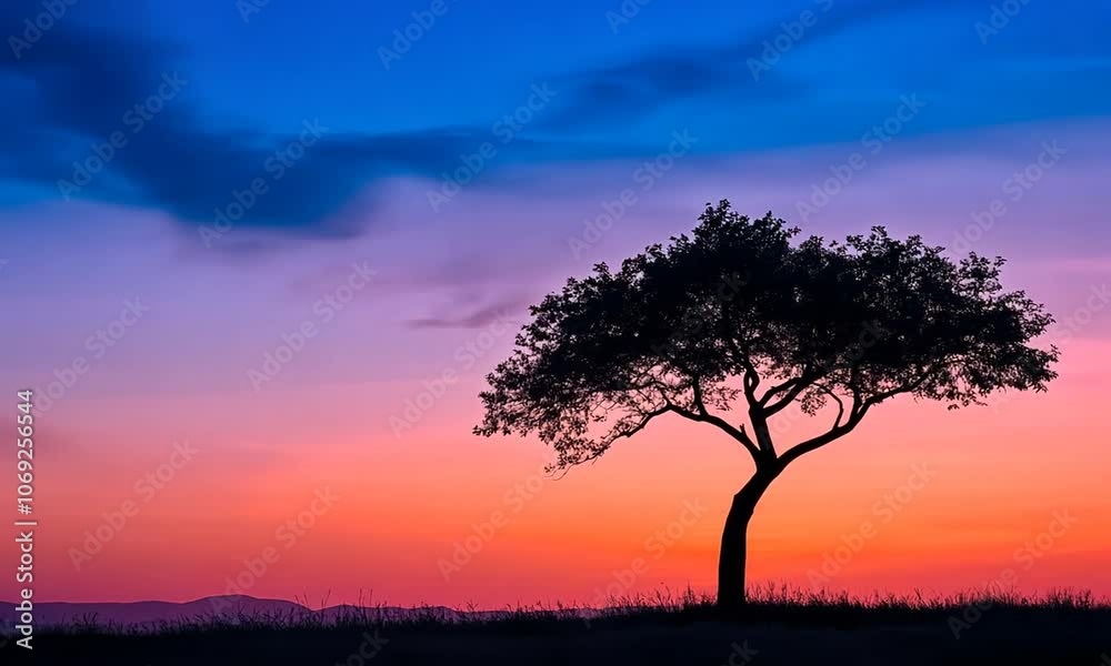 Solitary Tree Against a Vibrant, Colorful Sunset in a Serene Landscape Solitary Tree Against a Vibrant, Colorful Sunset in a Serene Landscape