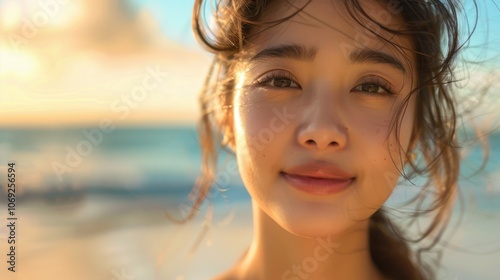 Beautiful close-up of a wet-faced Asian woman, warm light caressing her delicate features, creating a captivating and intimate portrait