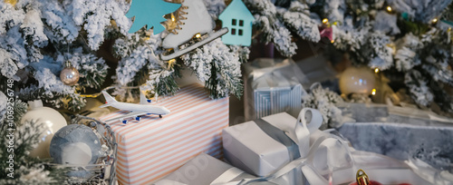 Christmas gifts travel trips. Small toy plane under white Christmas tree with cozy home decorations. Striped box. Long horizontal banner