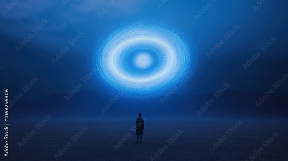 Fototapeta premium lone figure standing in front of a glowing celestial vortex in a tranquil night landscape