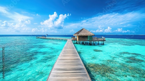 A serene wooden pier leads to a thatched-roof structure over turquoise waters under a blue sky.