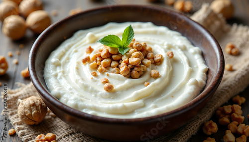 Delicious creamy yogurt topped with crunchy nuts and mint leaves served in a rustic bowl on a wooden table