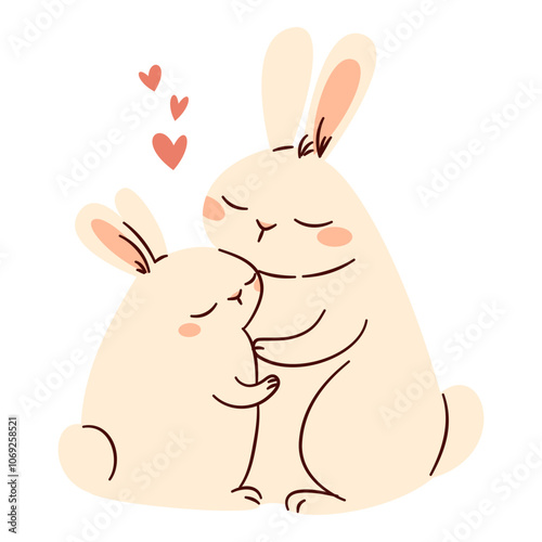 Two cute bunnies hugging, flat vector illustration in child style, valentine's day illustration. Vector illustration