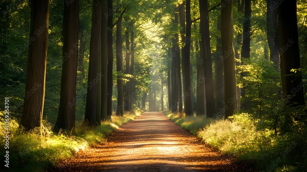 Fototapeta premium Tranquil forest path lined with tall trees, dappled sunlight filtering through the canopy, and a soft blanket of fallen leaves covering the ground
