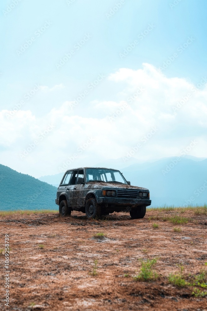 Rugged off-road vehicle traversing a remote mountain trail Rugged off-road vehicle traversing a remote mountain trail