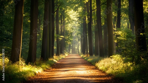 Tranquil forest path lined with tall trees, dappled sunlight filtering through the canopy, and a soft blanket of fallen leaves covering the ground photo