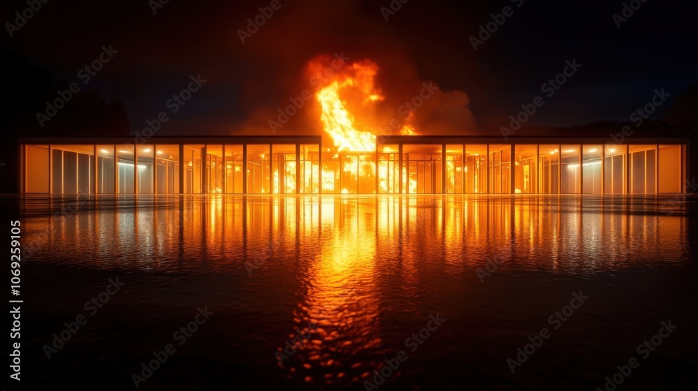 Dramatic night scene of a large building engulfed in flames with fiery reflections in the water Dramatic night scene of a large building engulfed in flames with fiery reflections in the water
