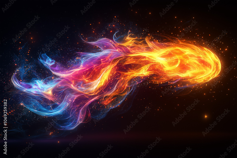vibrant cosmic flames dance across the dark sky, swirling in a mesmerizing display of colors vibrant cosmic flames dance across the dark sky, swirling in a mesmerizing display of colors