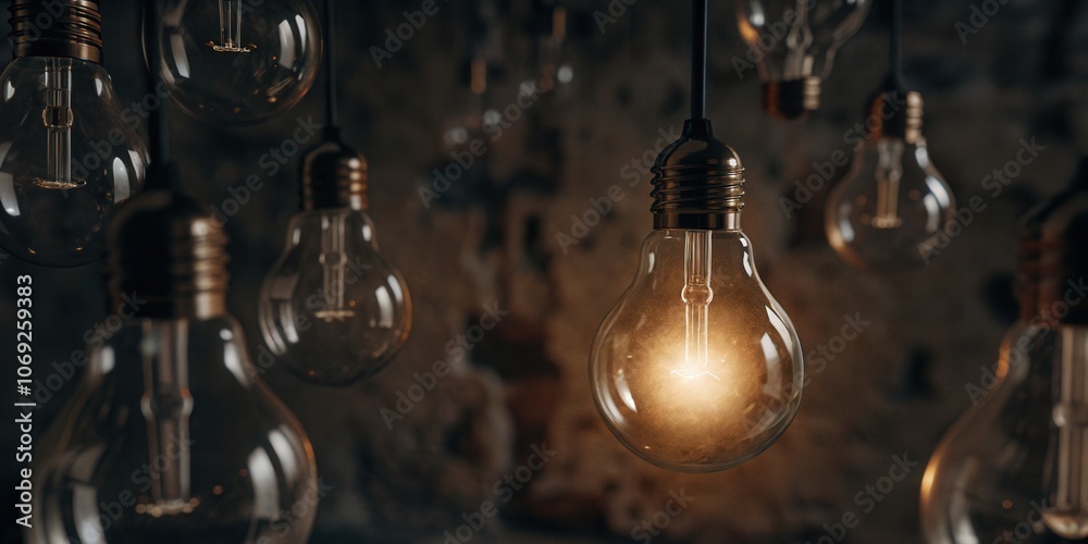 Hanging Lightbulbs with a Single One Illuminated
Hanging Lightbulbs with a Single One Illuminated