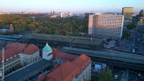 Berlin station zoologischer garten, sunset. Fantastic aerial view flight drone photo