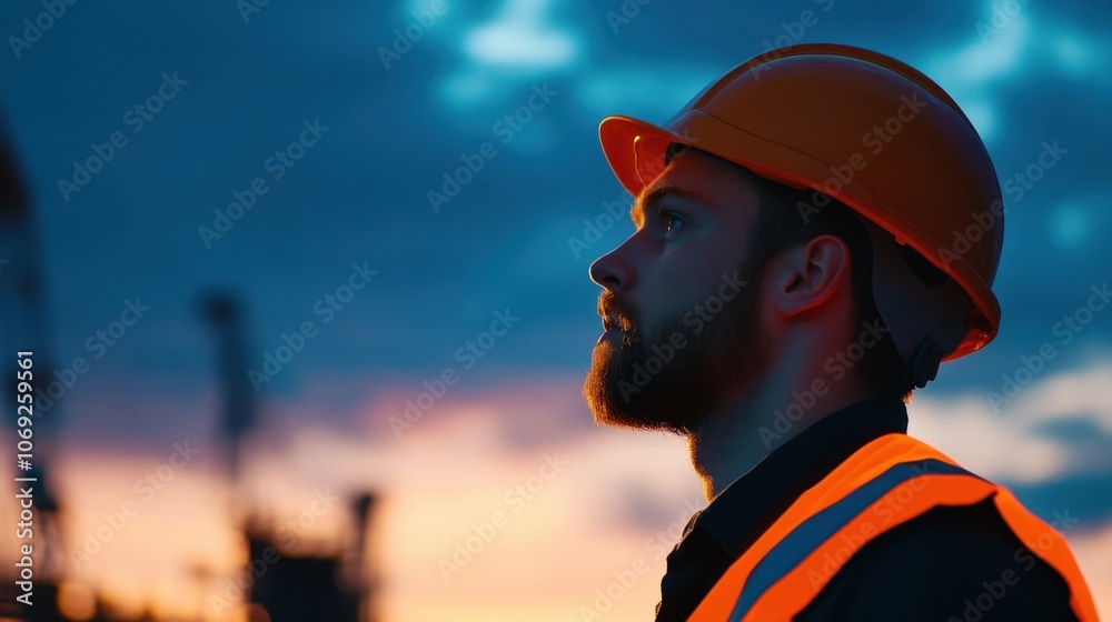 construction worker in hard hat standing against sunset sky construction worker in hard hat standing against sunset sky