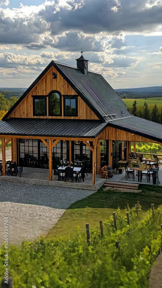 A wooden building with a covered porch sits on a hill overlooking a vineyard A wooden building with a covered porch sits on a hill overlooking a vineyard