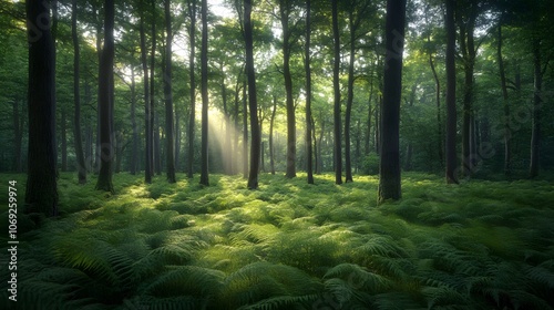 Tranquil forest scene featuring tall trees with sunlight streaming through the canopy, illuminating a lush carpet of ferns on the forest floor photo