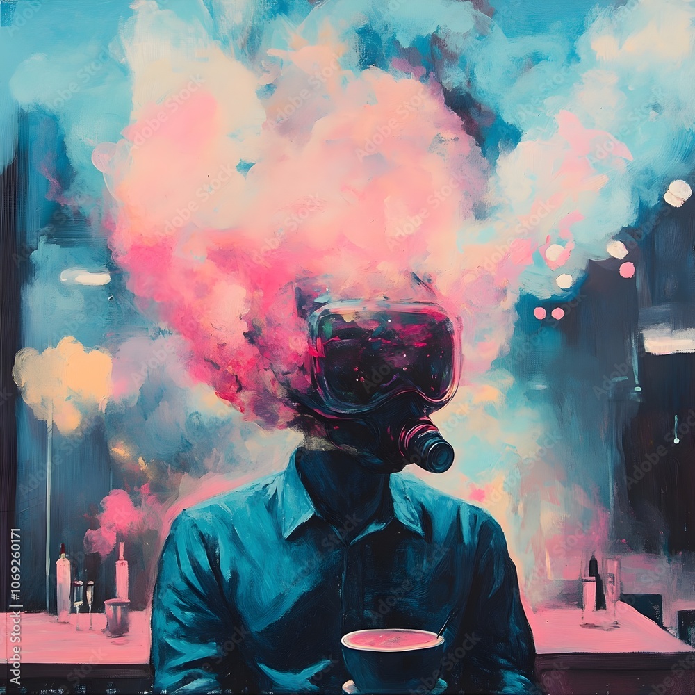 Surreal Portrait of a Person in Gas Mask with Colorful Smoke Clouds Surreal Portrait of a Person in Gas Mask with Colorful Smoke Clouds