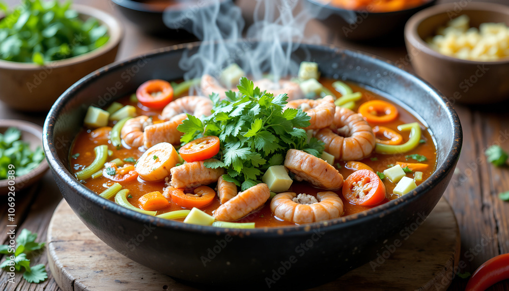 A vibrant bowl of shrimp soup with fresh vegetables and herbs steaming in a rustic kitchen setting A vibrant bowl of shrimp soup with fresh vegetables and herbs steaming in a rustic kitchen setting