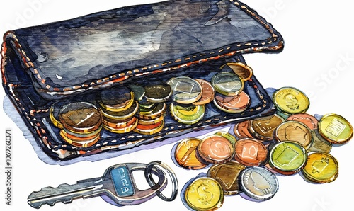 A wallet with a handful of coins rests next to a car key, capturing the essence of striving for ambitions while facing financial constraints. The watercolor style enhances the symbolic struggle