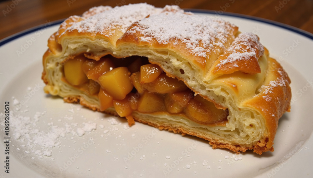 Delicious apple strudel dusted with powdered sugar served on a white plate Delicious apple strudel dusted with powdered sugar served on a white plate