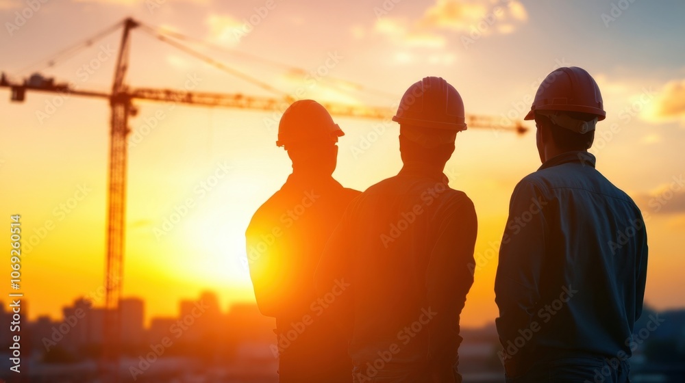 Fototapeta premium construction workers silhouetted against a colorful sunset skyline