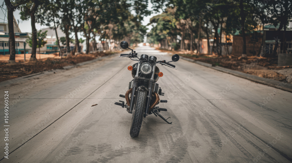 Motorcycle parked on level road surrounded by trees, showcasing adventure Motorcycle parked on level road surrounded by trees, showcasing adventure