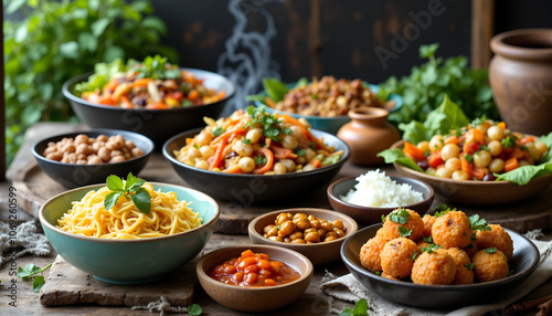 A vibrant spread of traditional dishes showcasing colorful salads, savory snacks, and fragrant rice in a cozy dining setting