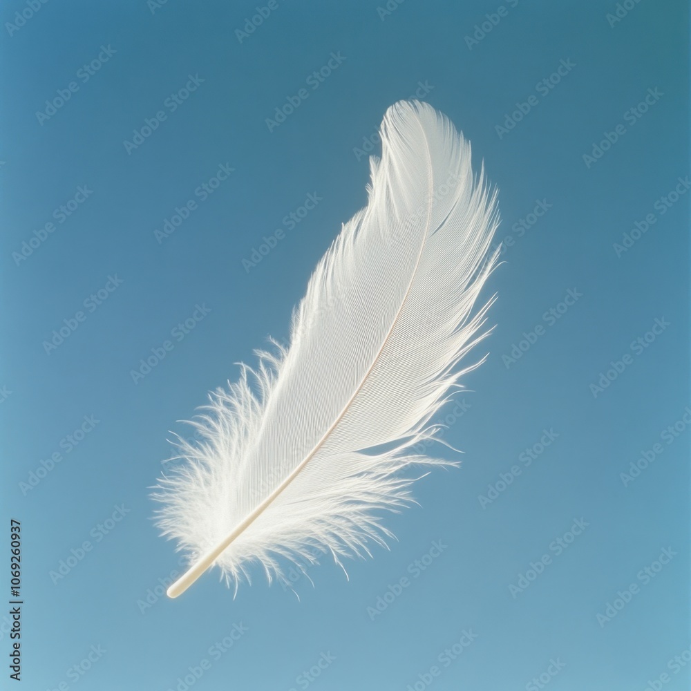 Fototapeta premium Delicate white feather floating against a clear blue sky