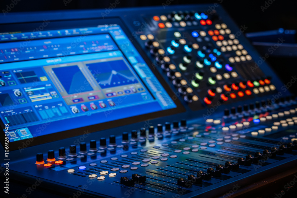 Close-up view of a digital audio mixing console featuring an interactive display and colorful LED-lit knobs. Ideal for sound engineering, music production, and live performance settings Close-up view of a digital audio mixing console featuring an interactive display and colorful LED-lit knobs. Ideal for sound engineering, music production, and live performance settings