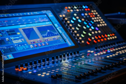 Schilderij op canvas Close-up view of a digital audio mixing console featuring an interactive display and colorful LED-lit knobs