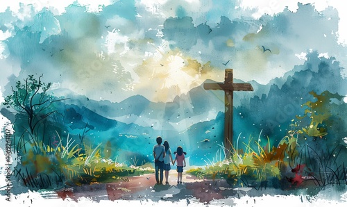 A family stands closely together on a tranquil road, holding hands in prayer, gazing up at the cross. Their hearts are filled with reverence, embodying deep faith and unity