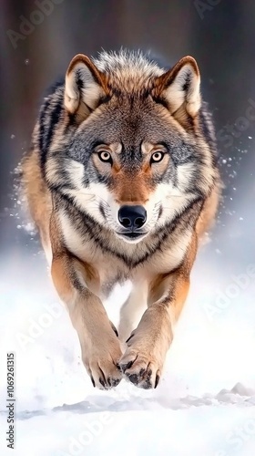 A stunning close-up of a wolf in vibrant colors capturing its gentle nature amidst a snowy landscape at ground level