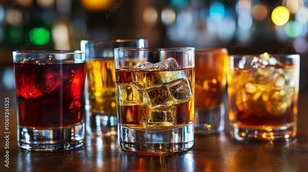 The photograph depicts a selection of colorful alcoholic beverages served in clear glasses with ice, showcasing the vibrant hues and variety typically enjoyed at a bar setting. The photograph depicts a selection of colorful alcoholic beverages served in clear glasses with ice, showcasing the vibrant hues and variety typically enjoyed at a bar setting.