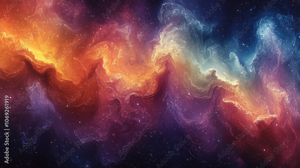 Naklejka premium vibrant nebula currents swirl in a cosmic dance, painting the universe in a spectrum of fiery hues