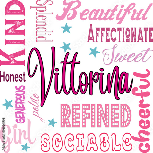 Vittoriana - written proper name surrounded by adjectives. modern vector graphics - quarcode style - pink color - ideal for sublimation, cards,