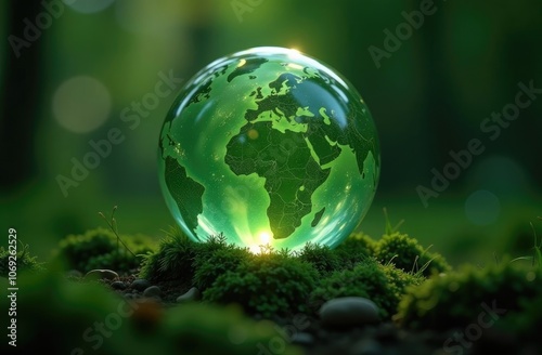 Glass ball, earth map, on grass, green tones. Ecology concept.