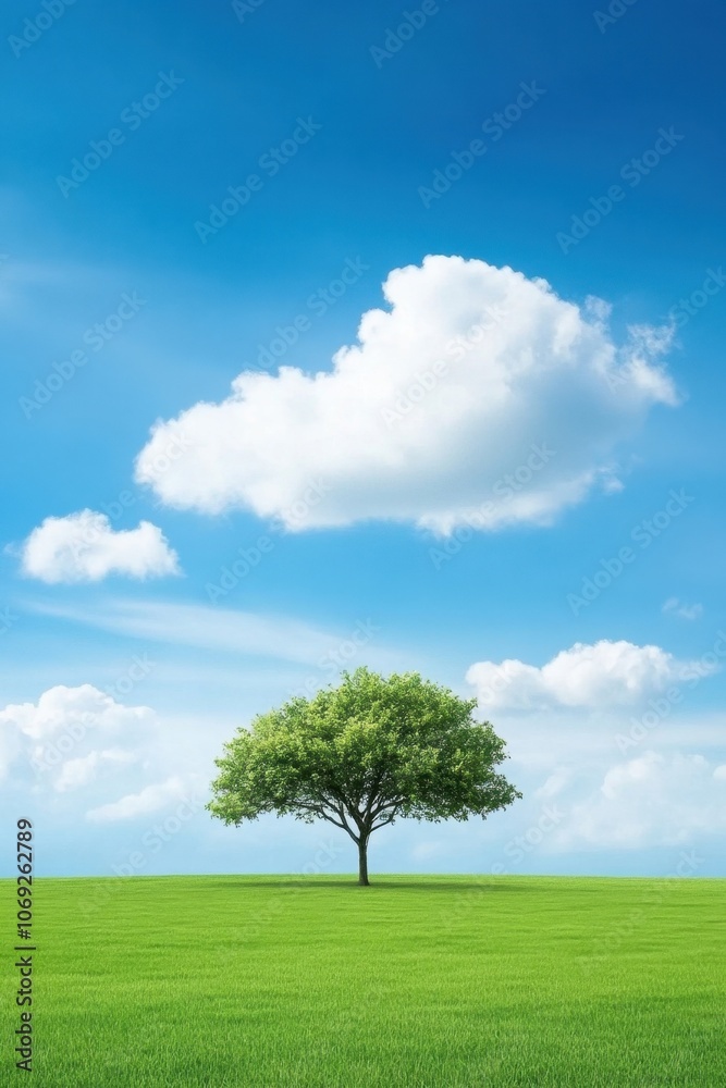 Peaceful landscape with lone tree under blue sky with clouds Peaceful landscape with lone tree under blue sky with clouds