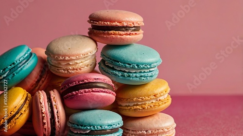 A vibrant assortment of macarons arranged on a pink background, showcasing their delightful colors.