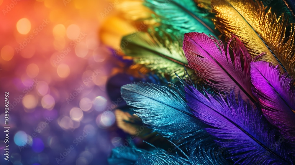 Obraz premium Colorful feathers shimmer in vibrant hues against a bokeh background, creating a lively and festive atmosphere