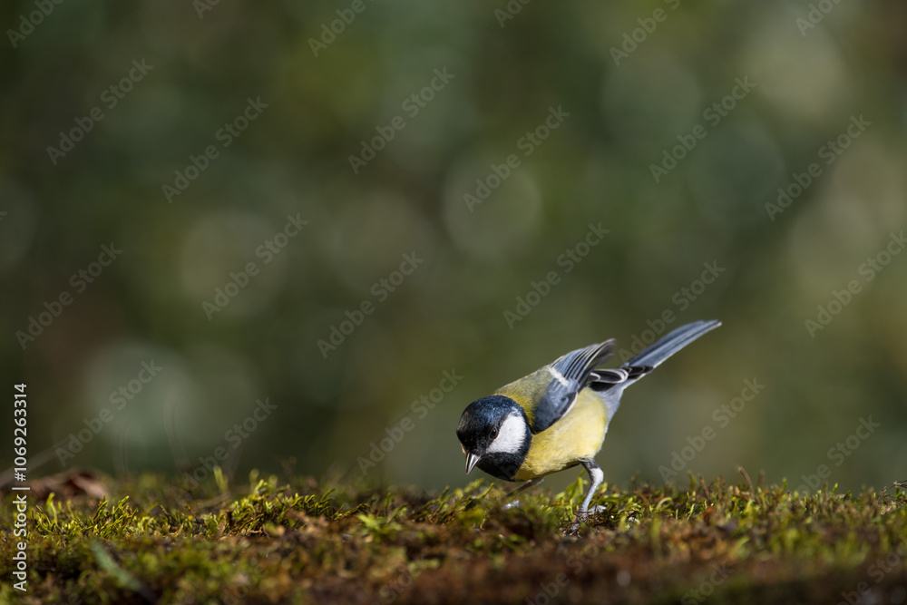 Obraz premium Great tit on the mossy ground. Soft evening light and blur background with shallow depth of field.